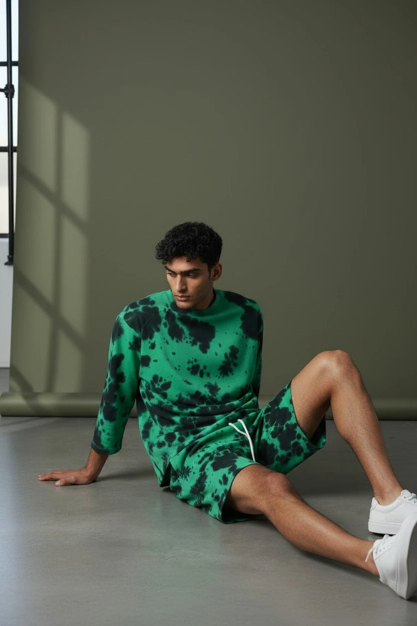 Green and black tie-dye co-ord set with oversized tee and relaxed shorts, unisex
