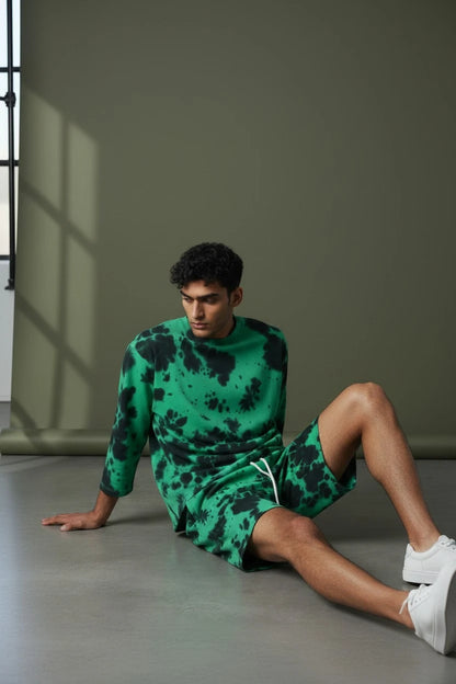 Green and black tie-dye co-ord set with oversized tee and relaxed shorts, unisex