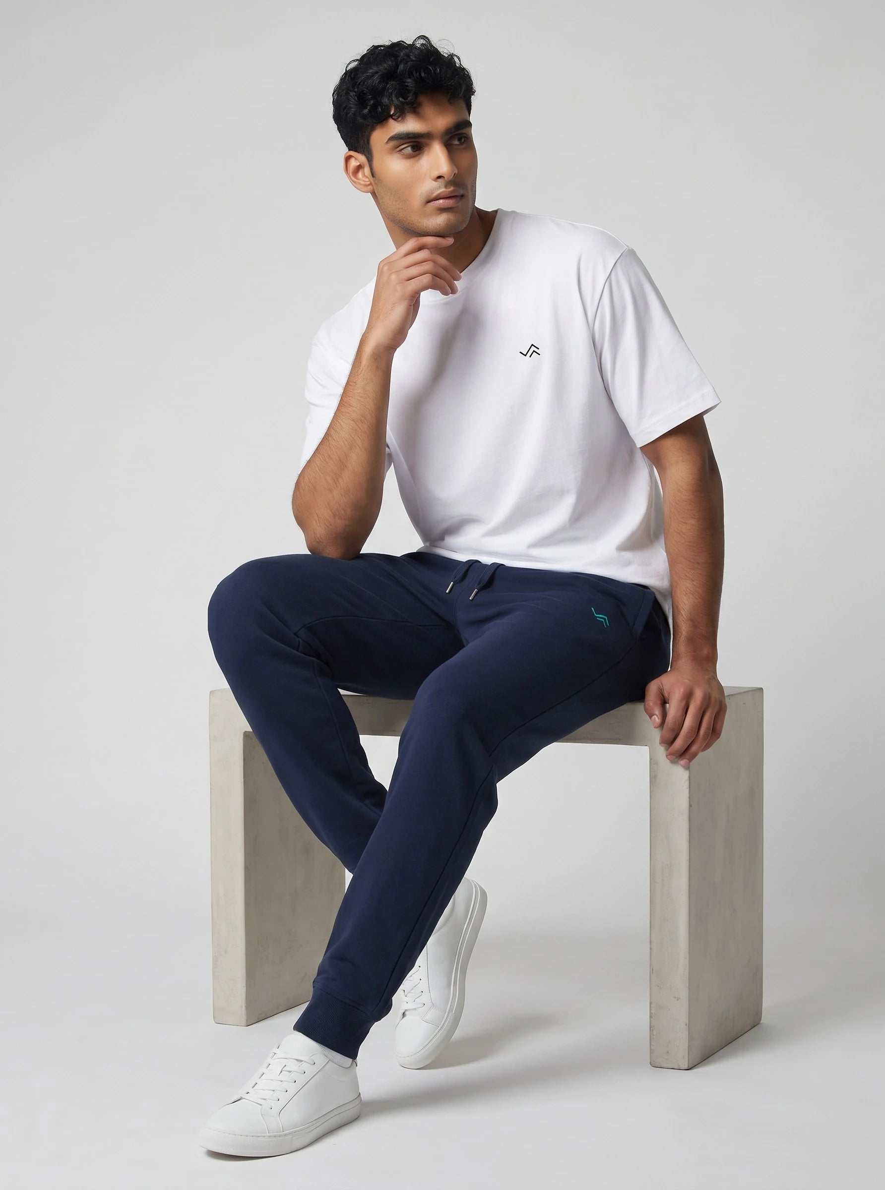 Entimessi white Supima cotton tee with navy blue jogger, unisex co-ord set — view 2