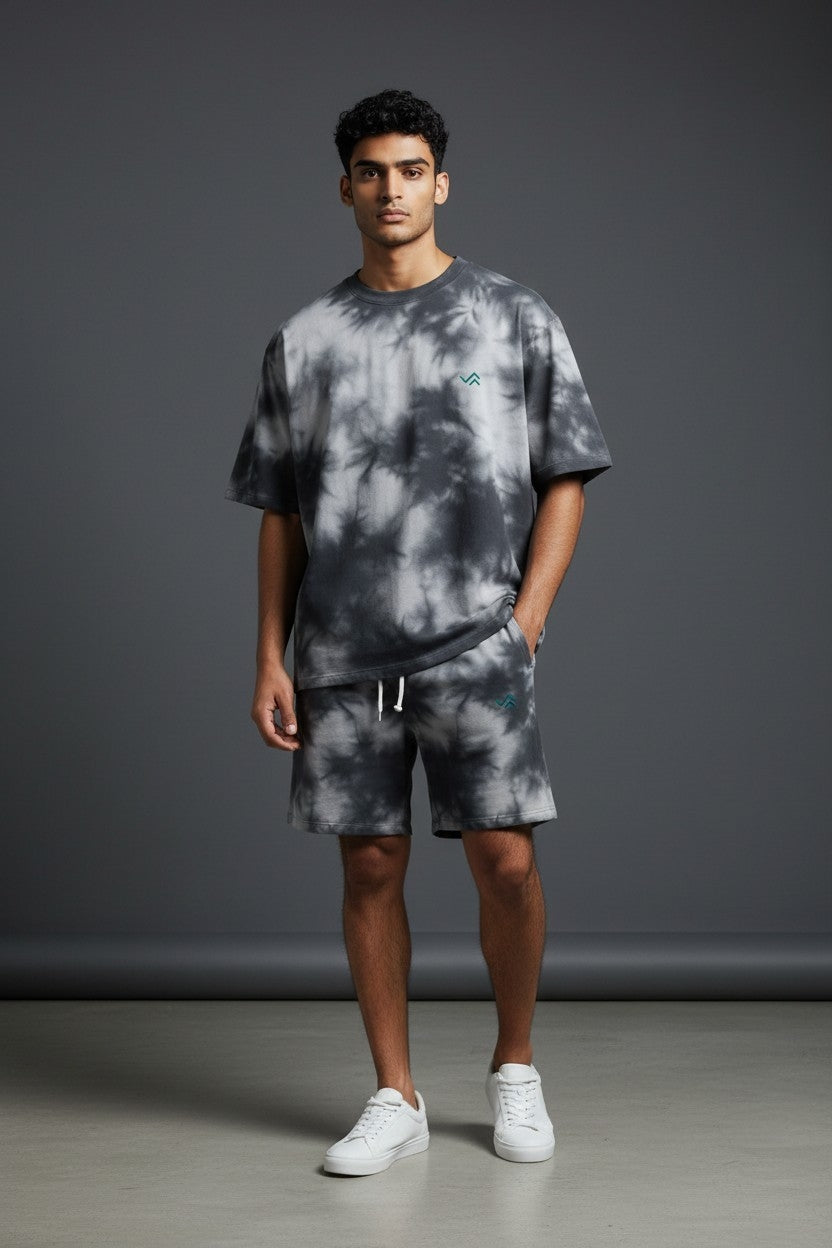 Entimessi Black & White Tie-Dye Co-ord Set – Oversized Tee + Relaxed Shorts | Unisex Loungewear Loungewear 260 GSM beachwear Black & White Co-ord Set Cotton Blend Entimessi Loungewear Loungewear Set Made in India Made to Order Matching Set Men new Oversized Relaxed Fit streetwear Tee and Shorts Set Tie Dye Tie-Dye Set Twinning Unisex Women