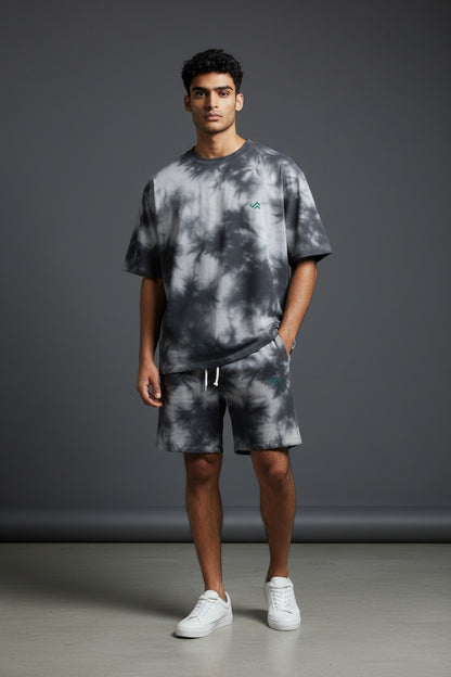 Entimessi Black & White Tie-Dye Co-ord Set – Oversized Tee + Relaxed Shorts | Unisex Loungewear Loungewear 260 GSM beachwear Black & White Co-ord Set Cotton Blend Entimessi Loungewear Loungewear Set Made in India Made to Order Matching Set Men new Oversized Relaxed Fit streetwear Tee and Shorts Set Tie Dye Tie-Dye Set Twinning Unisex Women