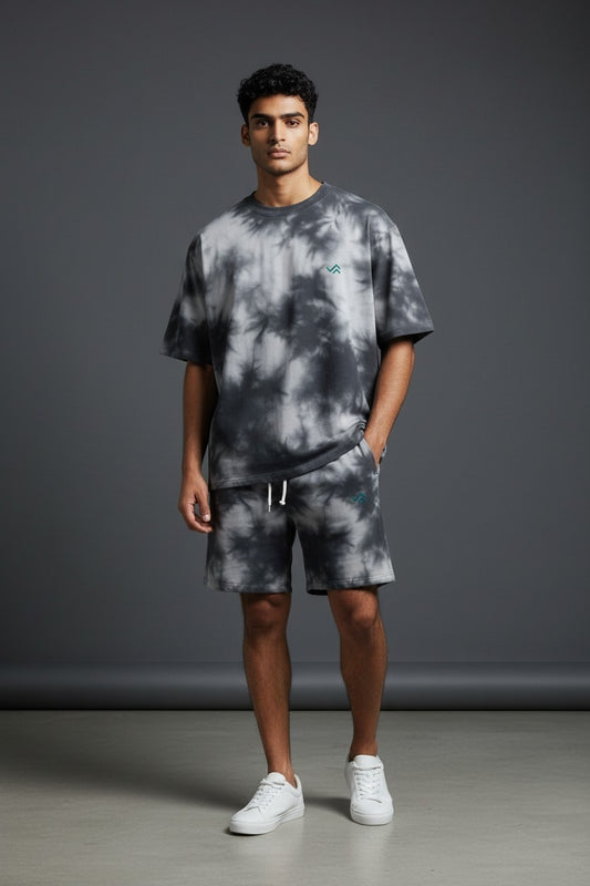 Entimessi Black & White Tie-Dye Co-ord Set – Oversized Tee + Relaxed Shorts | Unisex Loungewear Loungewear 260 GSM beachwear Black & White Co-ord Set Cotton Blend Entimessi Loungewear Loungewear Set Made in India Made to Order Matching Set Men new Oversized Relaxed Fit streetwear Tee and Shorts Set Tie Dye Tie-Dye Set Twinning Unisex Women