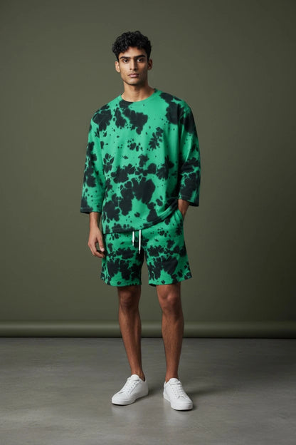 Entimessi Green & Black Tie-Dye Co-ord Set – Oversized Tee + Relaxed Shorts | Unisex Loungewear Loungewear 260 GSM beachwear Co-ord Set Cotton Blend Entimessi Green & Black Loungewear Loungewear Set Made in India Made to Order Matching Set Men new Oversized Relaxed Fit streetwear Tee and Shorts Set Tie Dye Tie-Dye Set Twinning Unisex Women