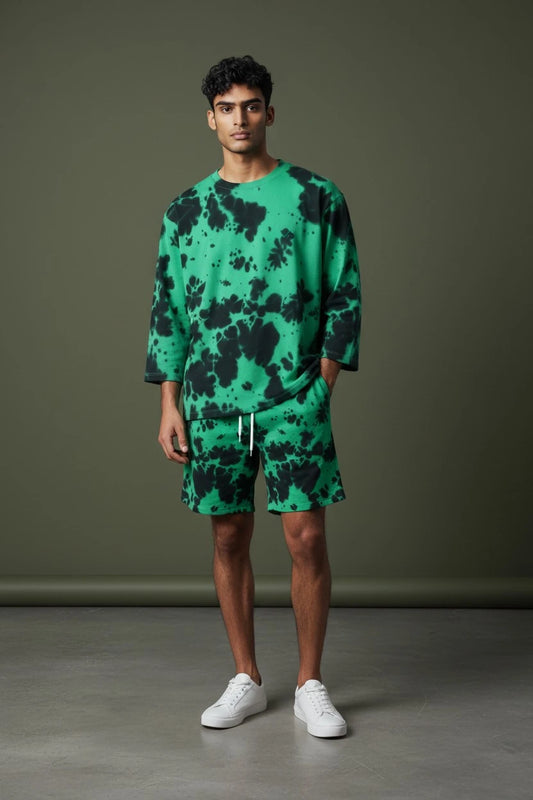 Entimessi Green & Black Tie-Dye Co-ord Set – Oversized Tee + Relaxed Shorts | Unisex Loungewear Loungewear 260 GSM beachwear Co-ord Set Cotton Blend Entimessi Green & Black Loungewear Loungewear Set Made in India Made to Order Matching Set Men new Oversized Relaxed Fit streetwear Tee and Shorts Set Tie Dye Tie-Dye Set Twinning Unisex Women