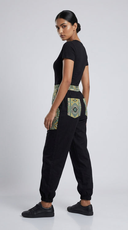 Entimessi Black Cotton Hopper Pants with Woven Pockets for Women Hopper Pants 100% cotton balloon pants bohemian style boho pants breathable fabric elastic ankles ethnic diamond print ethnic wear handblock print hopper pants loungewear relaxed fit SC-10 summer pants Women women's clothing yoga pants