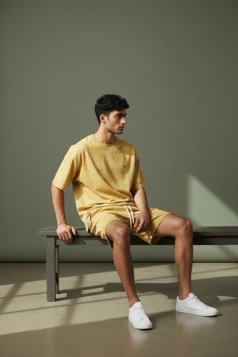 Yellow tie-dye co-ord set with oversized tee and relaxed shorts, unisex