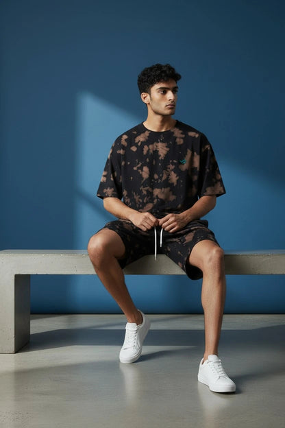 Brown and black tie-dye co-ord set with oversized tee and relaxed shorts, unisex