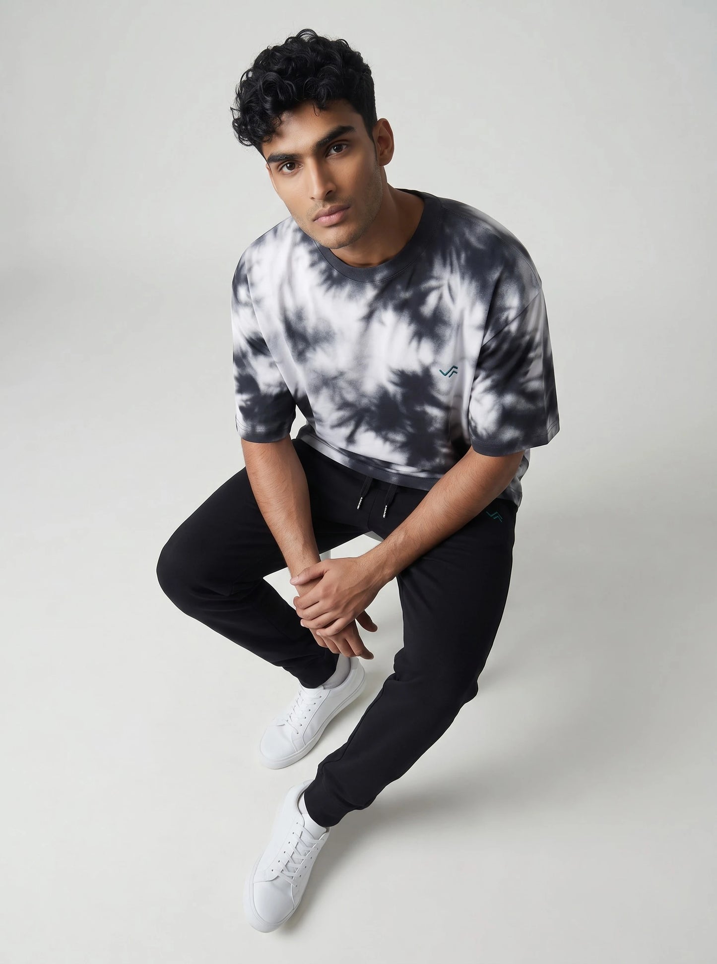 Entimessi black & white tie-dye oversized tee with black melange jogger, unisex co-ord set — view 2