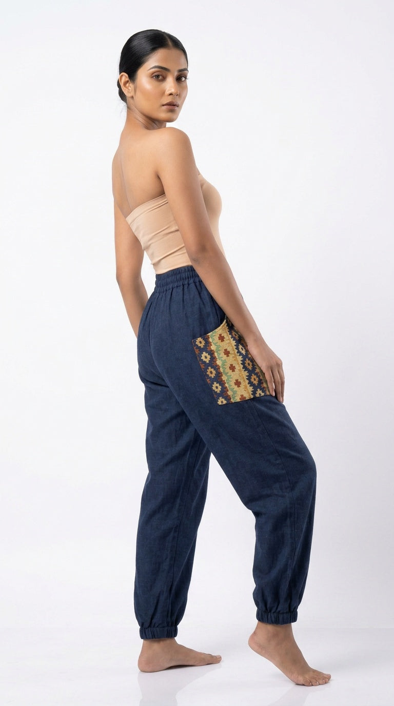 Entimessi Navy Cotton Hopper Pants with Woven Pockets for Women Hopper Pants 100% cotton balloon pants bohemian style boho pants breathable fabric elastic ankles ethnic diamond print ethnic wear handblock print hopper pants loungewear relaxed fit SC-10 summer pants Women women's clothing yoga pants