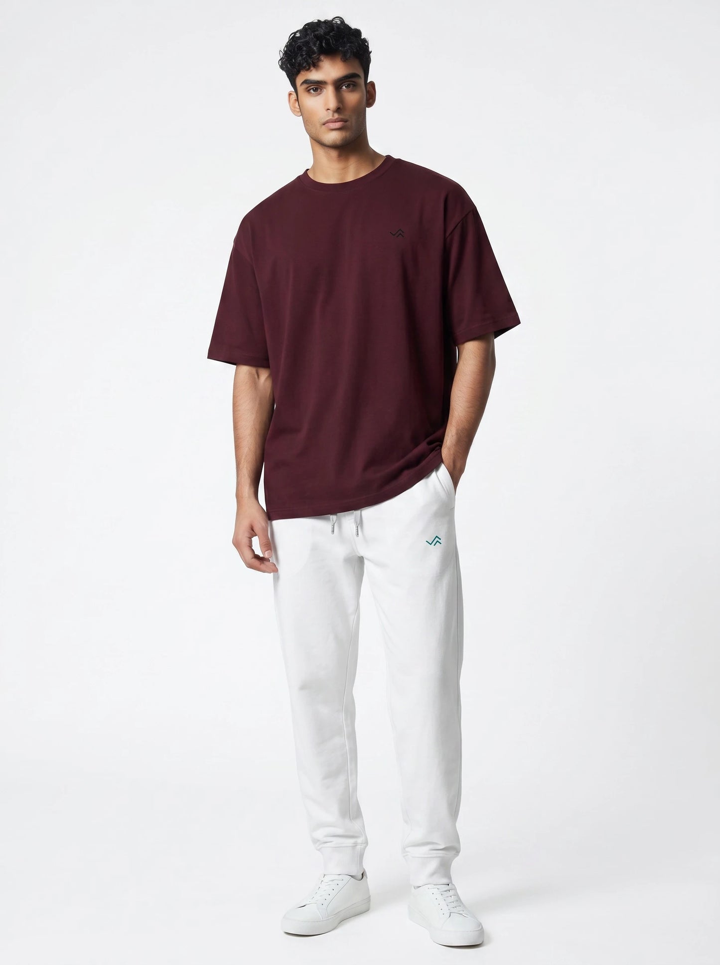 Entimessi maroon Supima cotton tee with grey melange jogger, unisex co-ord set — view 1