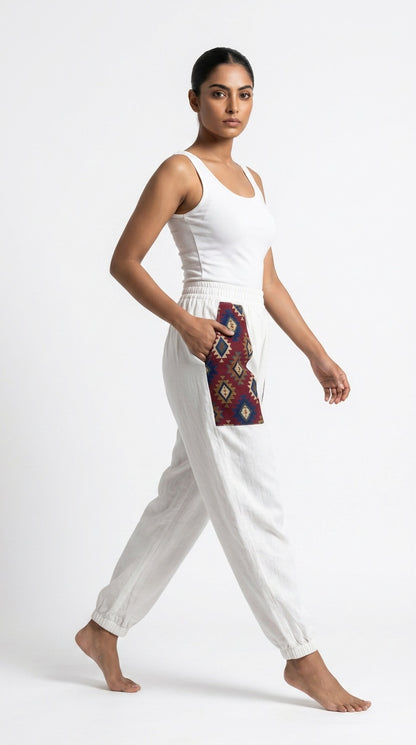 Entimessi White Cotton Hopper Pants with Woven Pockets for Women Hopper Pants 100% cotton balloon pants bohemian style boho pants breathable fabric elastic ankles ethnic diamond print ethnic wear handblock print hopper pants loungewear relaxed fit SC-10 summer pants Women women's clothing yoga pants