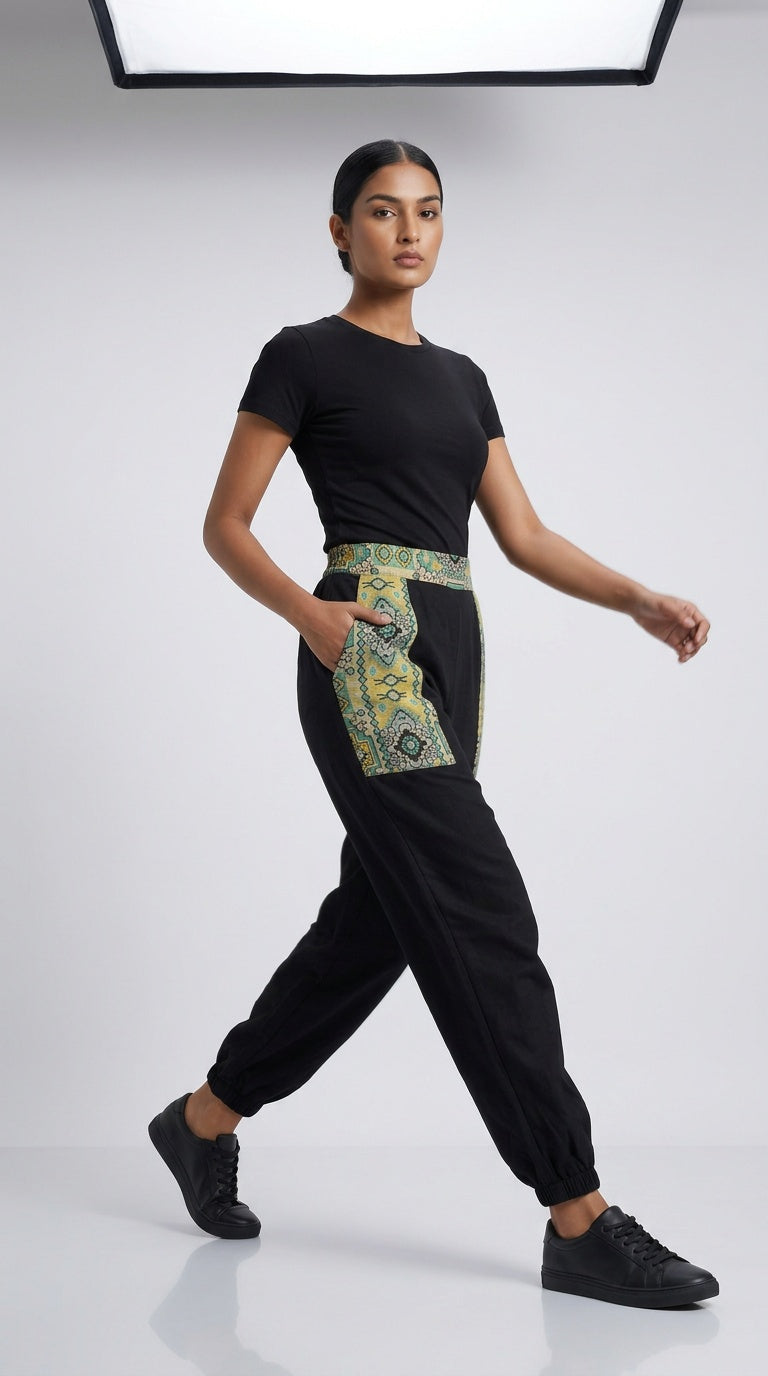 Entimessi Black Cotton Hopper Pants with Woven Pockets for Women Hopper Pants 100% cotton balloon pants bohemian style boho pants breathable fabric elastic ankles ethnic diamond print ethnic wear handblock print hopper pants loungewear relaxed fit SC-10 summer pants Women women's clothing yoga pants