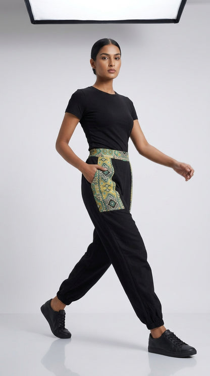 Entimessi Black Cotton Hopper Pants with Woven Pockets for Women Hopper Pants 100% cotton balloon pants bohemian style boho pants breathable fabric elastic ankles ethnic diamond print ethnic wear handblock print hopper pants loungewear relaxed fit SC-10 summer pants Women women's clothing yoga pants