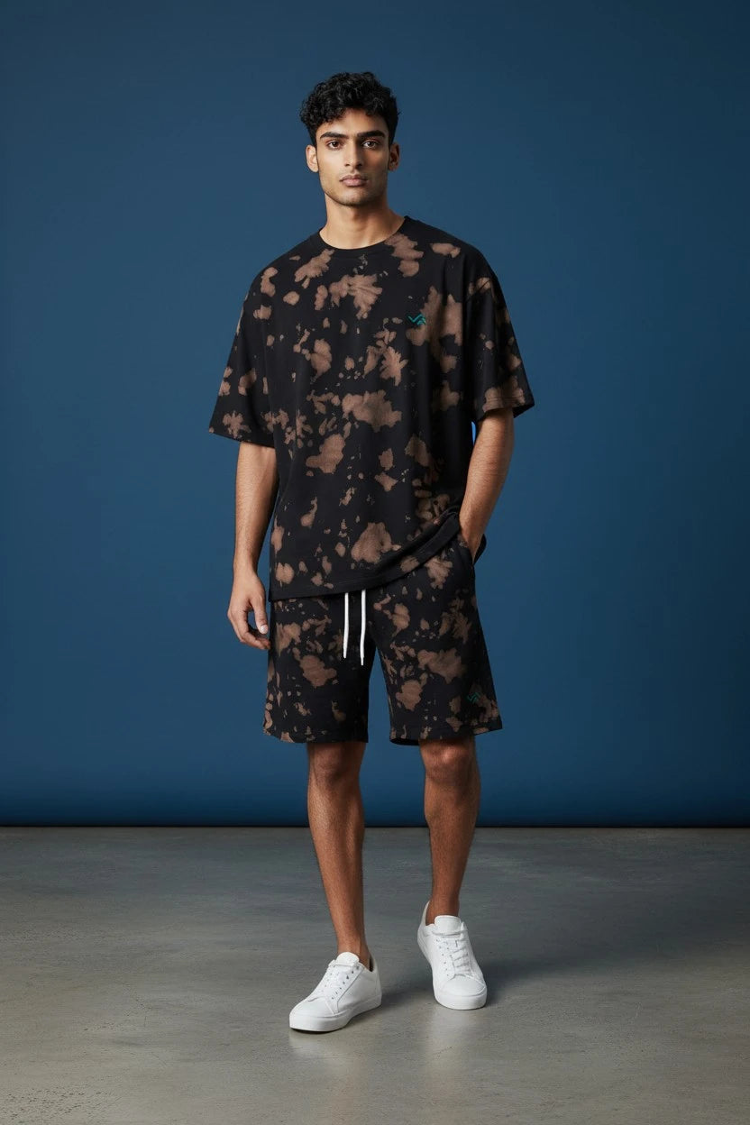 Entimessi Brown & Black Tie-Dye Co-ord Set – Oversized Tee + Relaxed Shorts | Unisex Loungewear Loungewear 260 GSM beachwear Brown & Black Co-ord Set Cotton Blend Entimessi Loungewear Loungewear Set Made in India Made to Order Matching Set Men new Oversized Relaxed Fit streetwear Tee and Shorts Set Tie Dye Tie-Dye Set Twinning Unisex Women