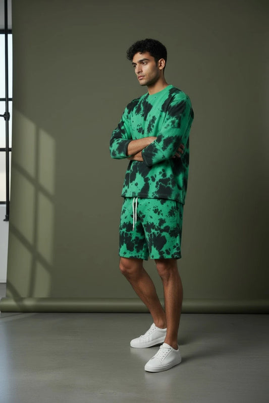 Green & Black Tie-Dye Co-ord Set – Oversized Tee + Relaxed Shorts | Unisex Loungewear