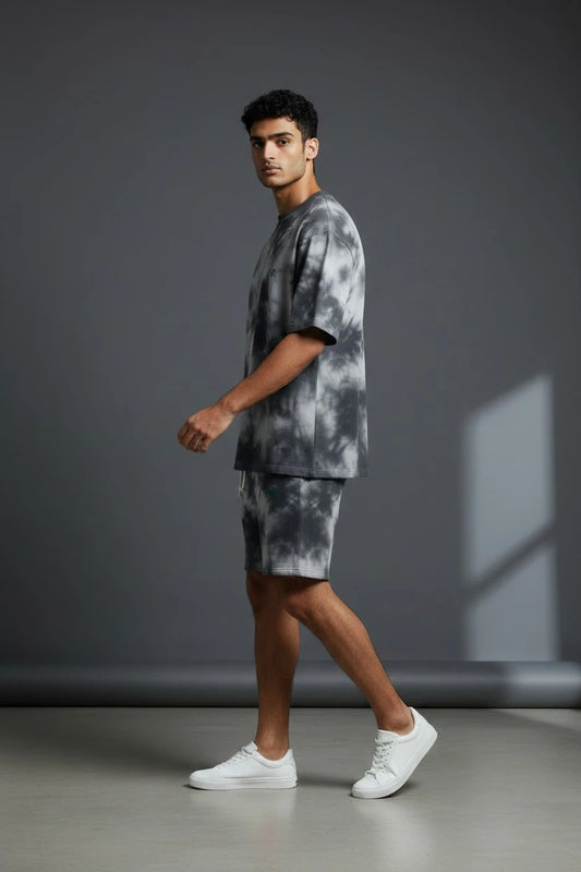 Black & White Tie-Dye Co-ord Set – Oversized Tee + Relaxed Shorts | Unisex Loungewear