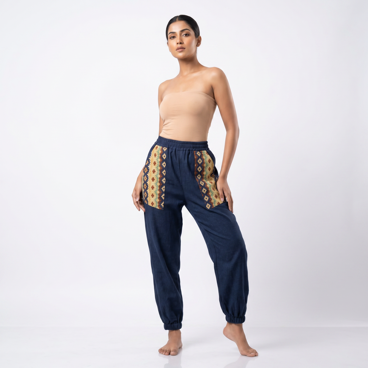Entimessi Navy Cotton Hopper Pants with Woven Pockets for Women Hopper Pants 100% cotton balloon pants bohemian style boho pants breathable fabric elastic ankles ethnic diamond print ethnic wear handblock print hopper pants loungewear relaxed fit SC-10 summer pants Women women's clothing yoga pants