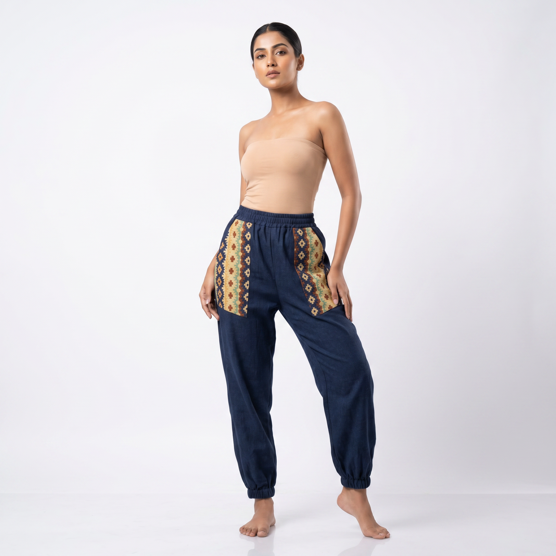 Entimessi Navy Cotton Hopper Pants with Woven Pockets for Women Hopper Pants 100% cotton balloon pants bohemian style boho pants breathable fabric elastic ankles ethnic diamond print ethnic wear handblock print hopper pants loungewear relaxed fit SC-10 summer pants Women women's clothing yoga pants