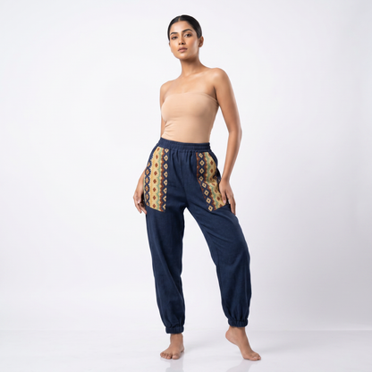 Entimessi Navy Cotton Hopper Pants with Woven Pockets for Women Hopper Pants 100% cotton balloon pants bohemian style boho pants breathable fabric elastic ankles ethnic diamond print ethnic wear handblock print hopper pants loungewear relaxed fit SC-10 summer pants Women women's clothing yoga pants