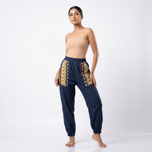 Navy Cotton Hopper Pants with Woven Pockets for Women