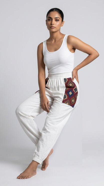 Entimessi White Cotton Hopper Pants with Woven Pockets for Women Hopper Pants 100% cotton balloon pants bohemian style boho pants breathable fabric elastic ankles ethnic diamond print ethnic wear handblock print hopper pants loungewear relaxed fit SC-10 summer pants Women women's clothing yoga pants