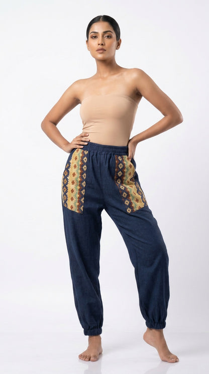 Entimessi Navy Cotton Hopper Pants with Woven Pockets for Women Hopper Pants 100% cotton balloon pants bohemian style boho pants breathable fabric elastic ankles ethnic diamond print ethnic wear handblock print hopper pants loungewear relaxed fit SC-10 summer pants Women women's clothing yoga pants