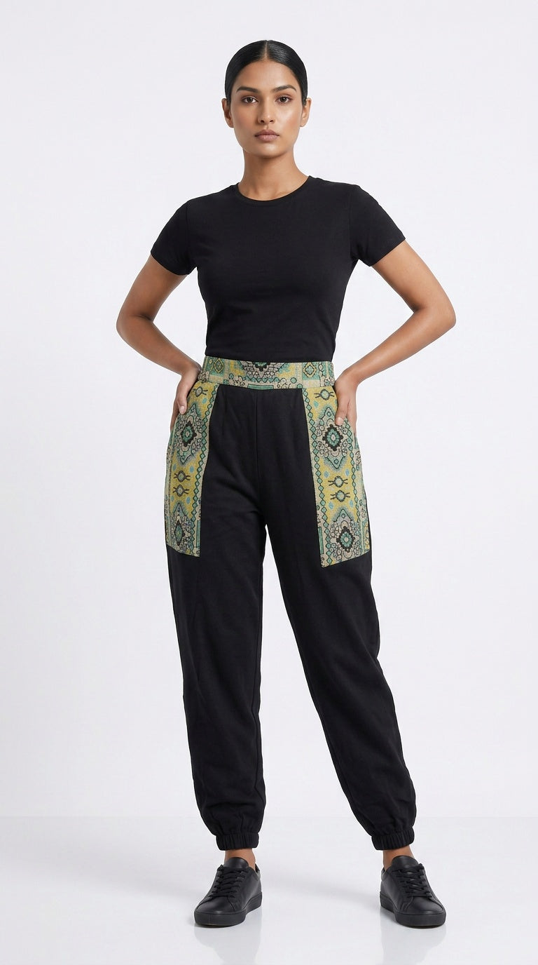 Entimessi Black Cotton Hopper Pants with Woven Pockets for Women Hopper Pants 100% cotton balloon pants bohemian style boho pants breathable fabric elastic ankles ethnic diamond print ethnic wear handblock print hopper pants loungewear relaxed fit SC-10 summer pants Women women's clothing yoga pants