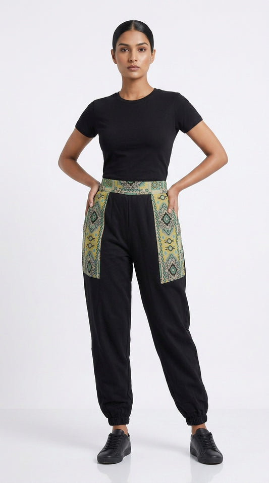 Black Cotton Hopper Pants with Woven Pockets for Women