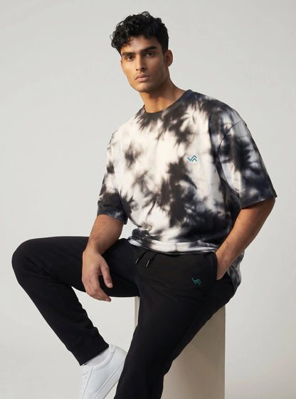 Entimessi black & white tie-dye oversized tee with black melange jogger, unisex co-ord set — view 3