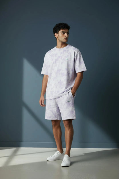 White and lavender tie-dye co-ord set with oversized tee and relaxed shorts, unisex