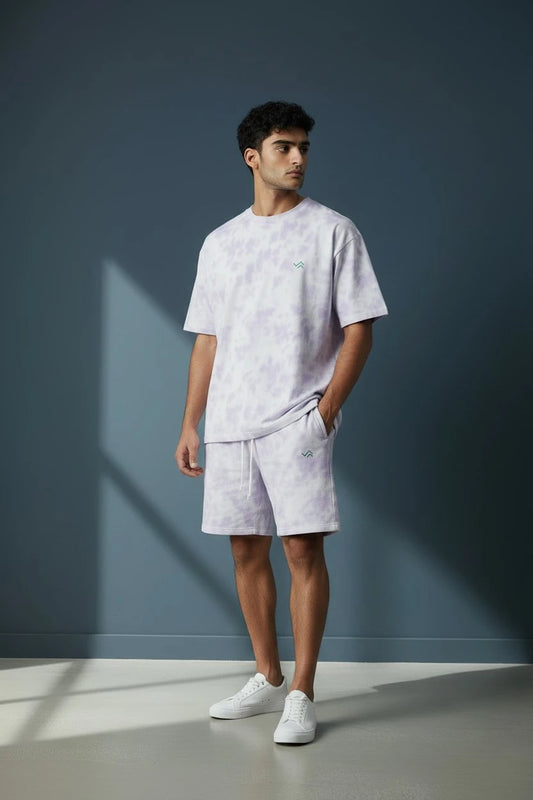White & Lavender Tie-Dye Co-ord Set – Oversized Tee + Relaxed Shorts | Unisex Loungewear