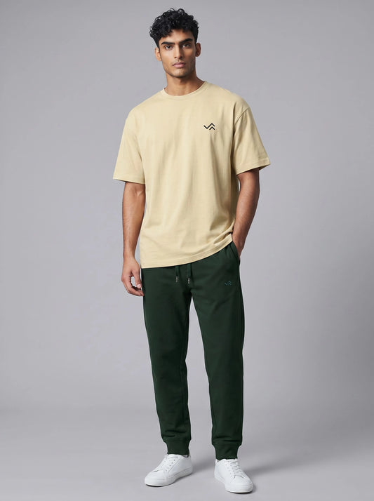 Entimessi beige Supima cotton tee with bottle green jogger, unisex co-ord set — view 1