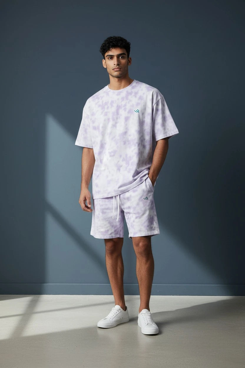 Entimessi White & Lavender Tie-Dye Co-ord Set – Oversized Tee + Relaxed Shorts | Unisex Loungewear Loungewear 260 GSM beachwear Co-ord Set Cotton Blend Entimessi Loungewear Loungewear Set Made in India Made to Order Matching Set Men new Oversized Relaxed Fit streetwear Tee and Shorts Set Tie Dye Tie-Dye Set Twinning Unisex White & Lavender Women
