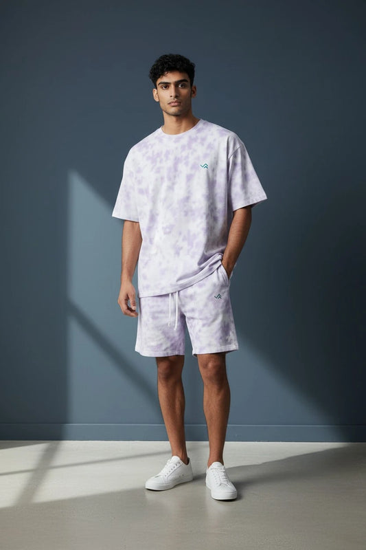 Entimessi White & Lavender Tie-Dye Co-ord Set – Oversized Tee + Relaxed Shorts | Unisex Loungewear Loungewear 260 GSM beachwear Co-ord Set Cotton Blend Entimessi Loungewear Loungewear Set Made in India Made to Order Matching Set Men new Oversized Relaxed Fit streetwear Tee and Shorts Set Tie Dye Tie-Dye Set Twinning Unisex White & Lavender Women