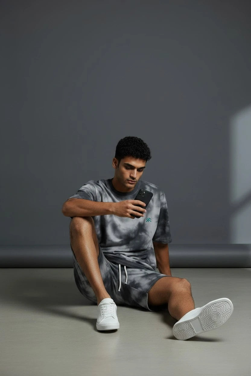 Black and white tie-dye co-ord set with oversized tee and relaxed shorts, unisex