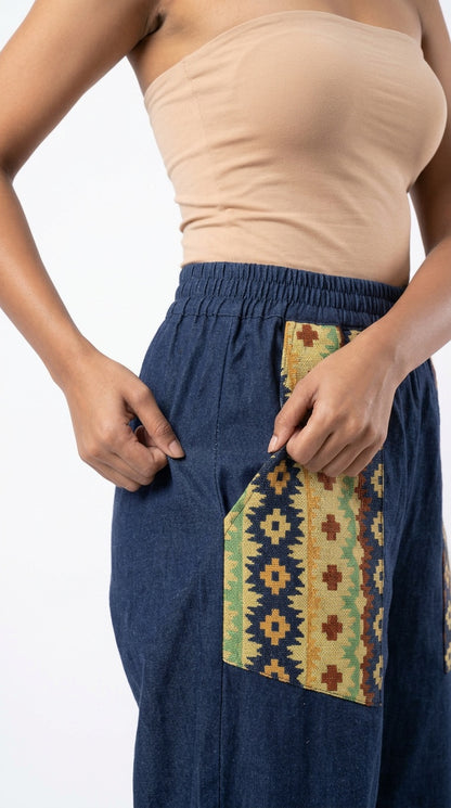 Entimessi Navy Cotton Hopper Pants with Woven Pockets for Women Hopper Pants 100% cotton balloon pants bohemian style boho pants breathable fabric elastic ankles ethnic diamond print ethnic wear handblock print hopper pants loungewear relaxed fit SC-10 summer pants Women women's clothing yoga pants
