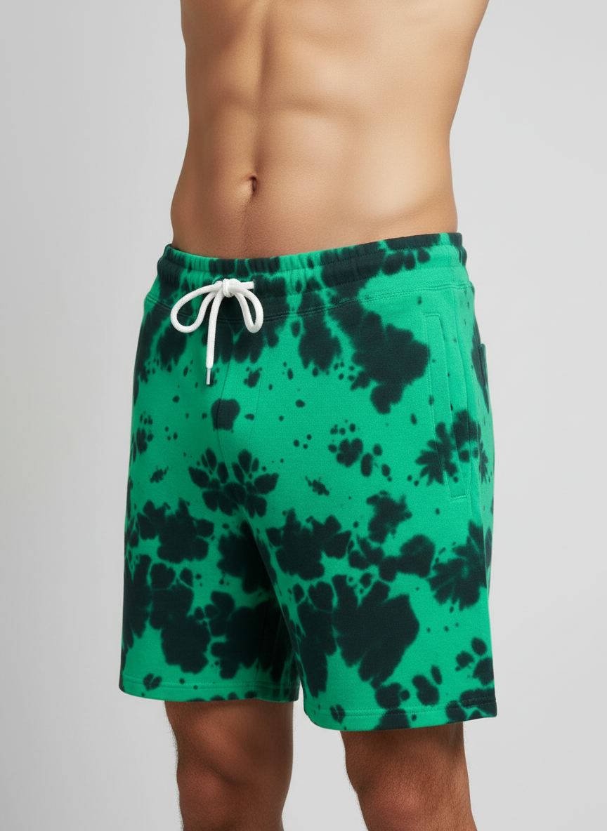 Entimessi Green on Black Unisex Tie-Dye Terry Shorts Tie-dye Shorts 260 GSM Activewear beachwear Casual Shorts Cotton Blend Drawstring Waist Shorts Entimessi fabric:cotton-blend loungewear made in India made to order Men menu:shorts new Premium Terry Shorts relaxed fit Shorts slip-in pockets style:tie-dye Terry Shorts Tie Dye type:shorts Unisex Unisex terry shorts Women