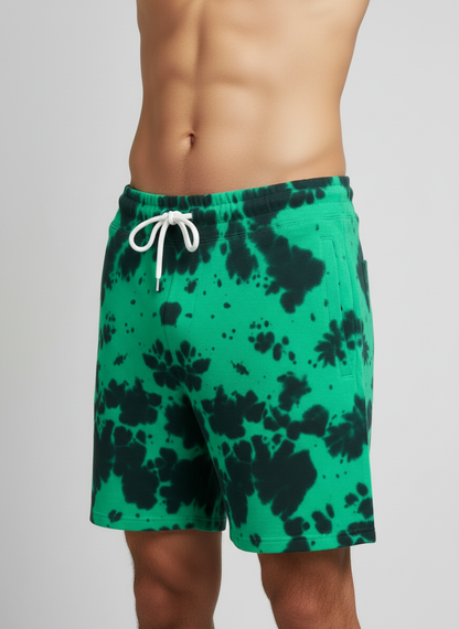 Entimessi Green on Black Unisex Tie-Dye Terry Shorts Tie-dye Shorts 260 GSM Activewear beachwear Casual Shorts Cotton Blend Drawstring Waist Shorts Entimessi fabric:cotton-blend loungewear made in India made to order Men menu:shorts new Premium Terry Shorts relaxed fit Shorts slip-in pockets style:tie-dye Terry Shorts Tie Dye type:shorts Unisex Unisex terry shorts Women