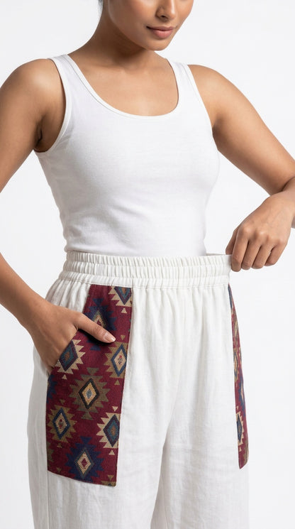 Entimessi White Cotton Hopper Pants with Woven Pockets for Women Hopper Pants 100% cotton balloon pants bohemian style boho pants breathable fabric elastic ankles ethnic diamond print ethnic wear handblock print hopper pants loungewear relaxed fit SC-10 summer pants Women women's clothing yoga pants