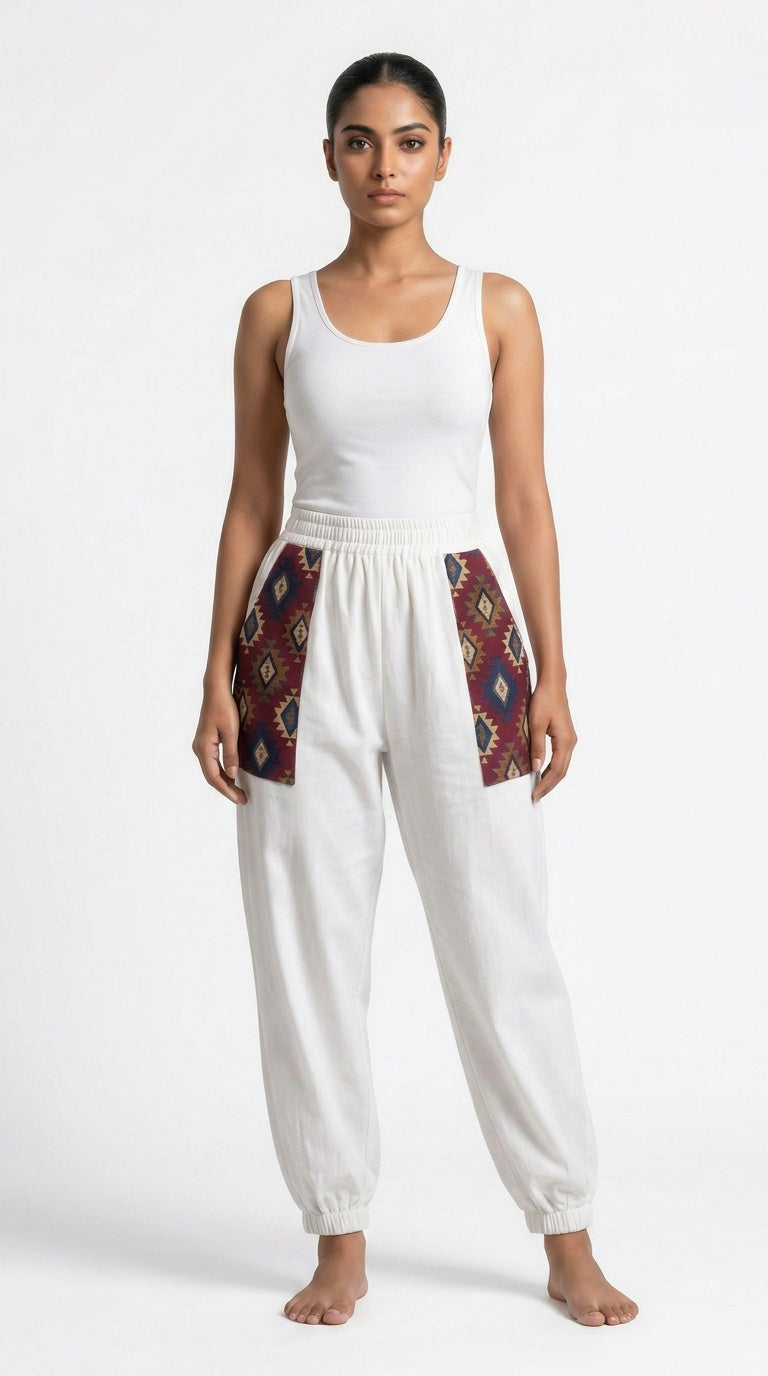 Entimessi White Cotton Hopper Pants with Woven Pockets for Women Hopper Pants 100% cotton balloon pants bohemian style boho pants breathable fabric elastic ankles ethnic diamond print ethnic wear handblock print hopper pants loungewear relaxed fit SC-10 summer pants Women women's clothing yoga pants