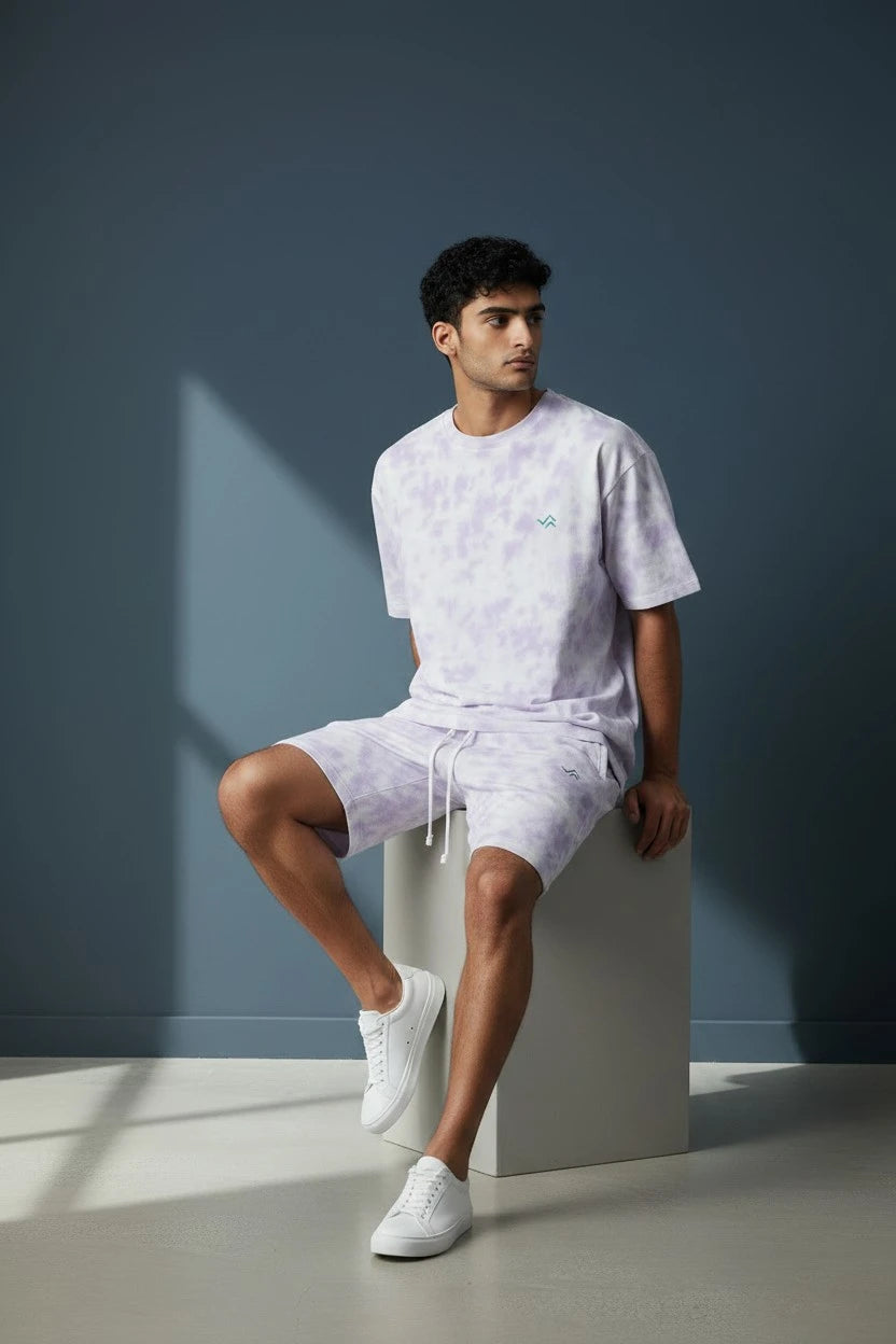 White and lavender tie-dye co-ord set with oversized tee and relaxed shorts, unisex
