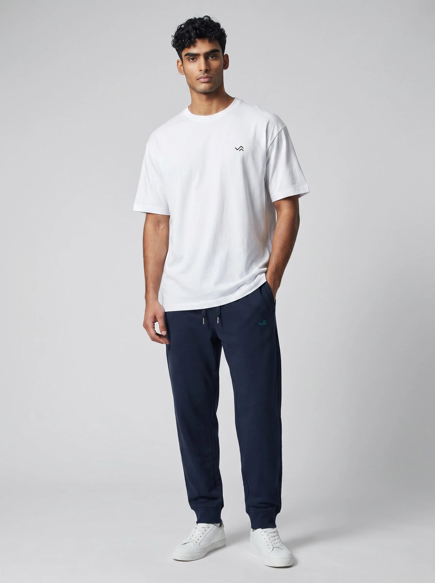 Entimessi white Supima cotton tee with navy blue jogger, unisex co-ord set — view 1