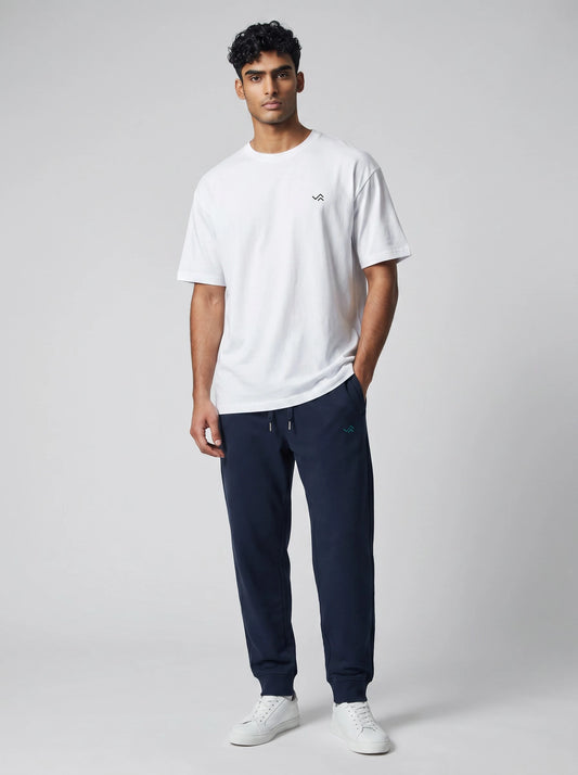 Entimessi white Supima cotton tee with navy blue jogger, unisex co-ord set — view 1