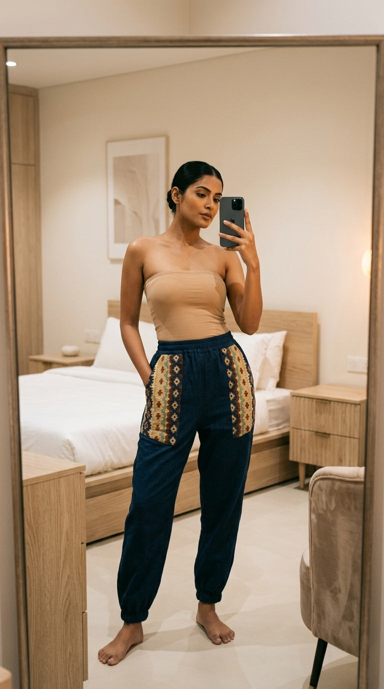 Entimessi Navy Cotton Hopper Pants with Woven Pockets for Women Hopper Pants 100% cotton balloon pants bohemian style boho pants breathable fabric elastic ankles ethnic diamond print ethnic wear handblock print hopper pants loungewear relaxed fit SC-10 summer pants Women women's clothing yoga pants