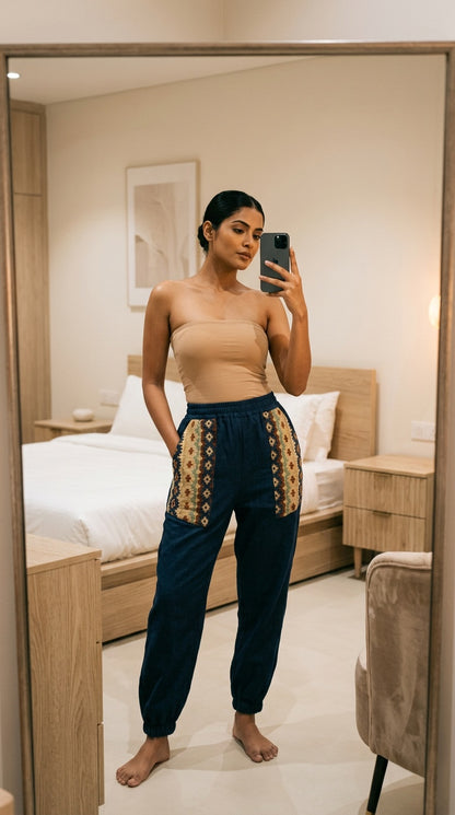 Entimessi Navy Cotton Hopper Pants with Woven Pockets for Women Hopper Pants 100% cotton balloon pants bohemian style boho pants breathable fabric elastic ankles ethnic diamond print ethnic wear handblock print hopper pants loungewear relaxed fit SC-10 summer pants Women women's clothing yoga pants