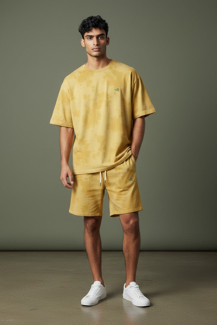 Entimessi Yellow Tie-Dye Co-ord Set – Oversized Tee + Relaxed Shorts | Unisex Loungewear Loungewear 260 GSM beachwear Co-ord Set Cotton Blend Entimessi Loungewear Loungewear Set Made in India Made to Order Matching Set Men new Oversized Relaxed Fit streetwear Tee and Shorts Set Tie Dye Tie-Dye Set Twinning Unisex Women Yellow
