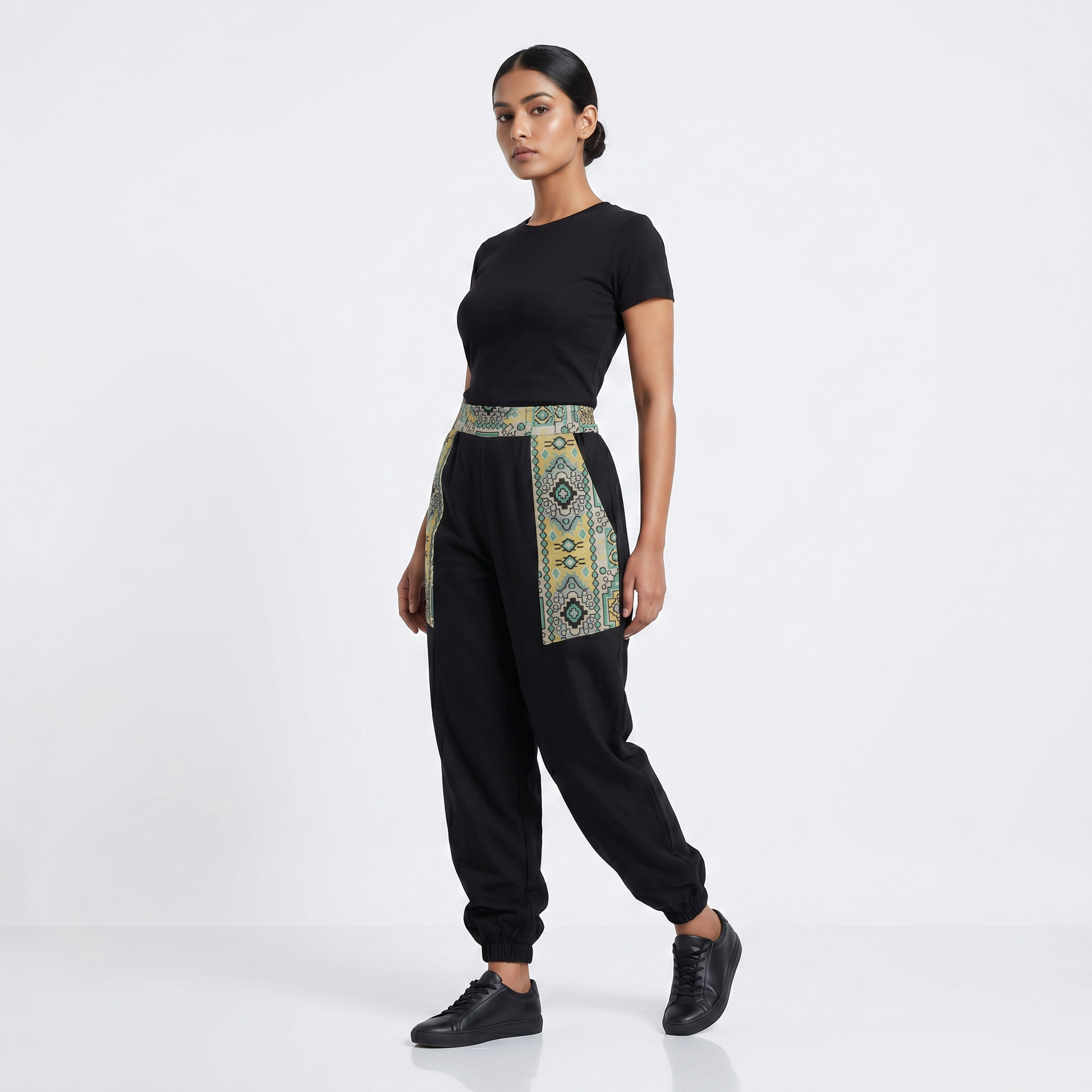 Entimessi Black Cotton Hopper Pants with Woven Pockets for Women Hopper Pants 100% cotton balloon pants bohemian style boho pants breathable fabric elastic ankles ethnic diamond print ethnic wear handblock print hopper pants loungewear relaxed fit SC-10 summer pants Women women's clothing yoga pants