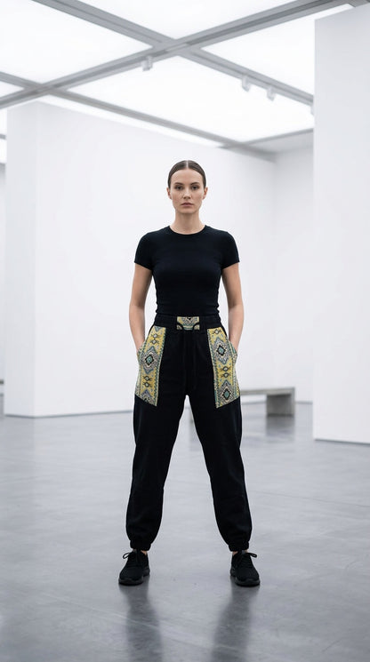 Entimessi Black Cotton Hopper Pants with Woven Pockets for Women Hopper Pants 100% cotton balloon pants bohemian style boho pants breathable fabric elastic ankles ethnic diamond print ethnic wear handblock print hopper pants loungewear relaxed fit SC-10 summer pants Women women's clothing yoga pants