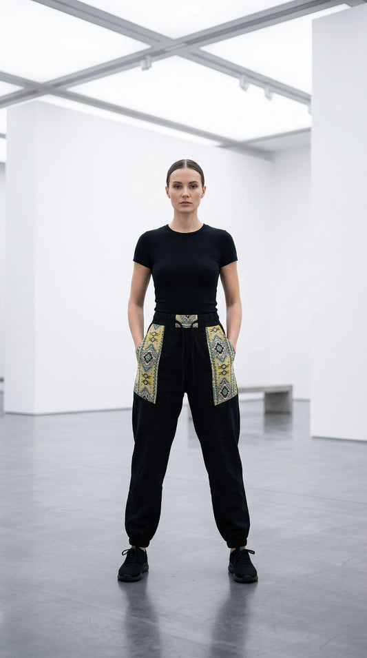 Black Cotton Hopper Pants with Woven Pockets for Women