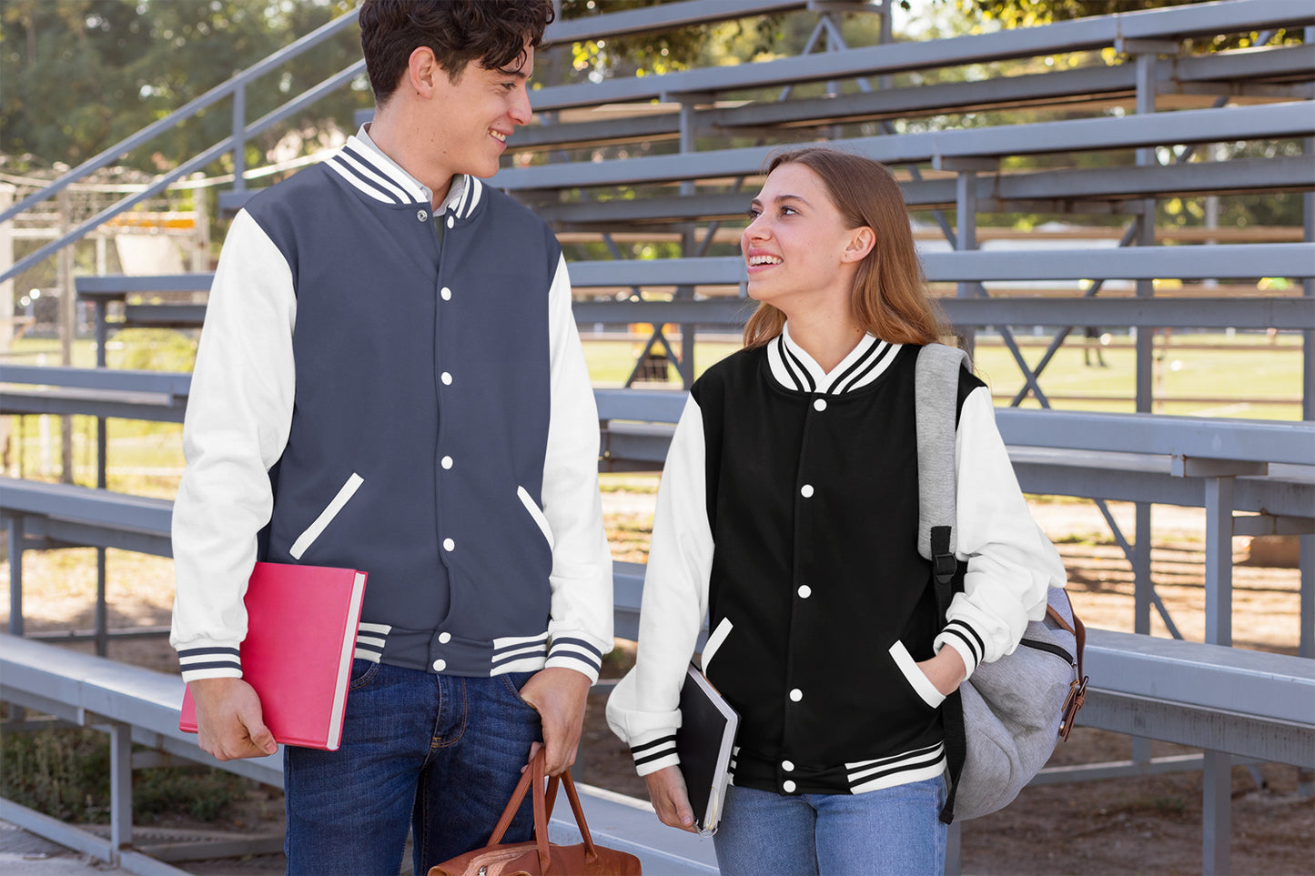 Navy Blue Cotton Varsity Jacket - Long Sleeve, Button Front, Stand Collar